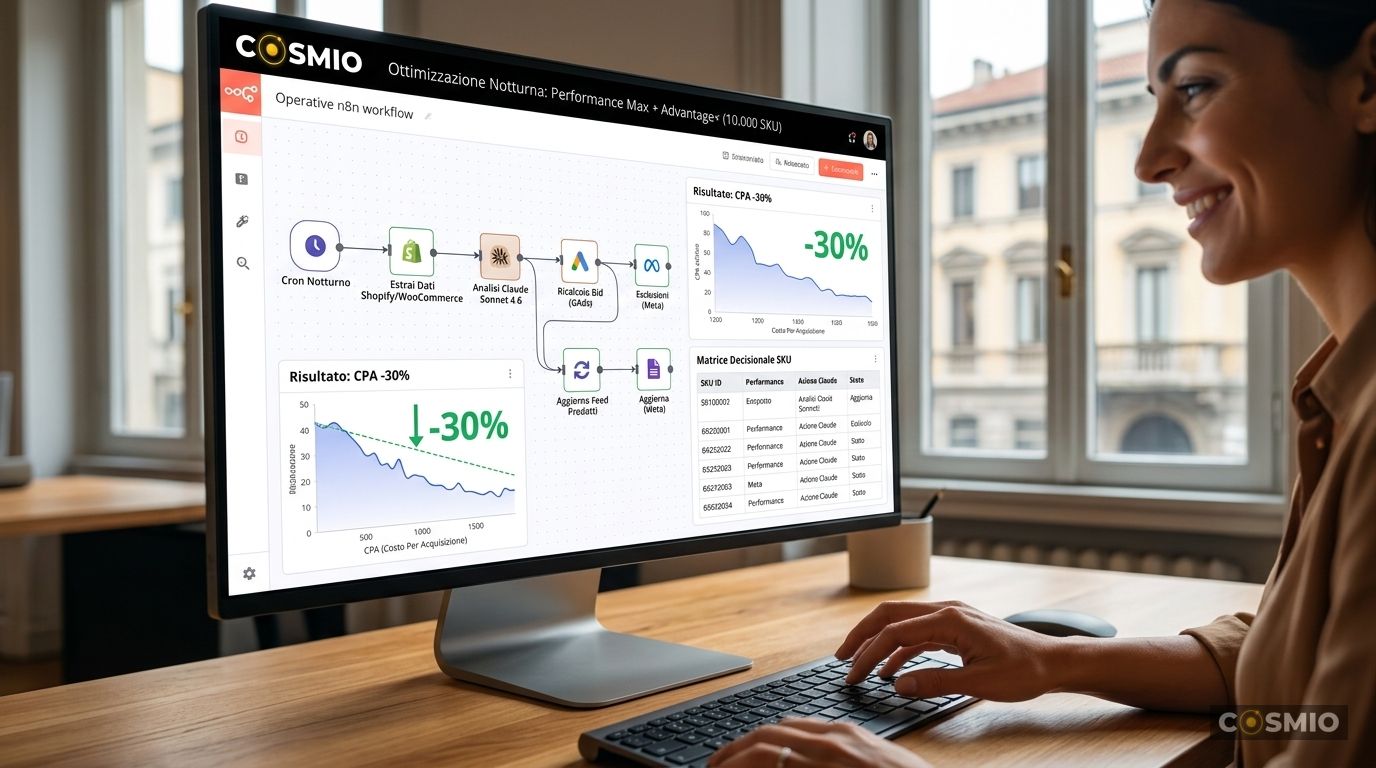 Performance Max e Meta Advantage+ su 10.000 SKU: L'Architettura n8n + Claude che Taglia il CPA del 30%